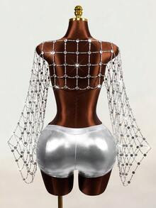 Mistrie Women's Sexy Techno Party Club Rave Top, Women's Rhinestone Party Top Silver Summer - Silver - View 3