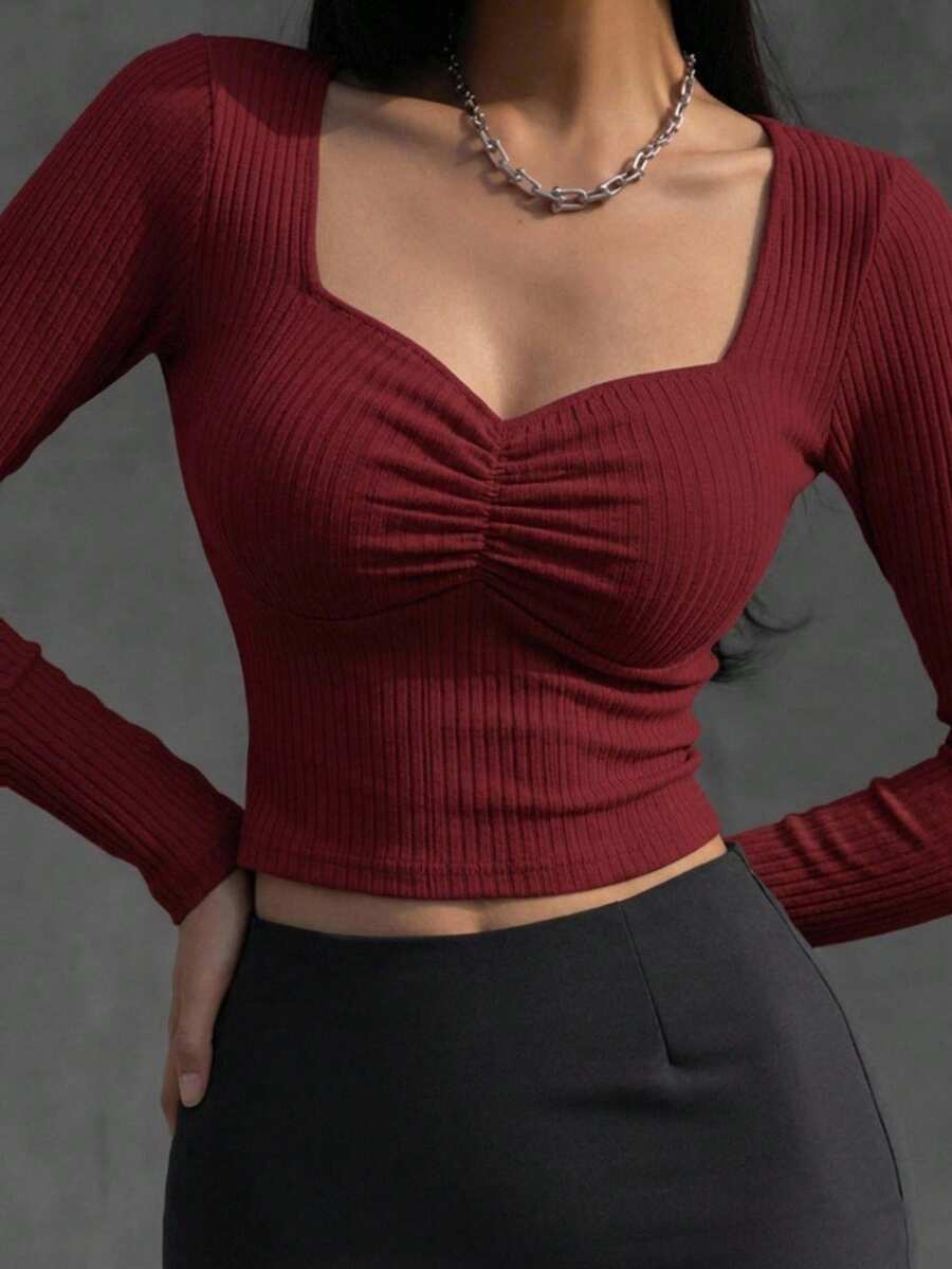 DAZY Women's Solid Color Sweetheart Neck Ruched Fitted Long Sleeve T-Shirt - Burgundy - View 1
