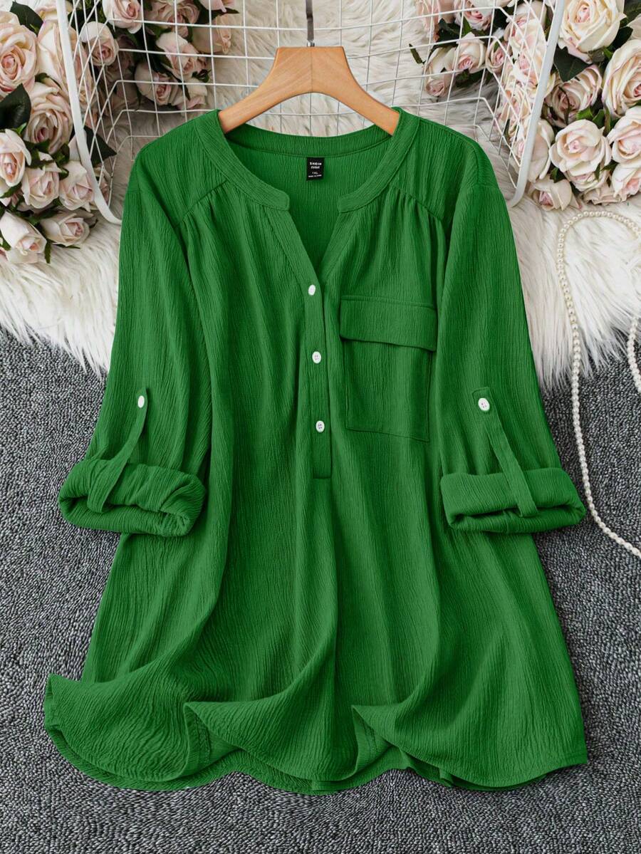 SHEIN Clasi Plus Size Casual Commuter Solid Color Rolled Sleeve Shirt - Green - View 1