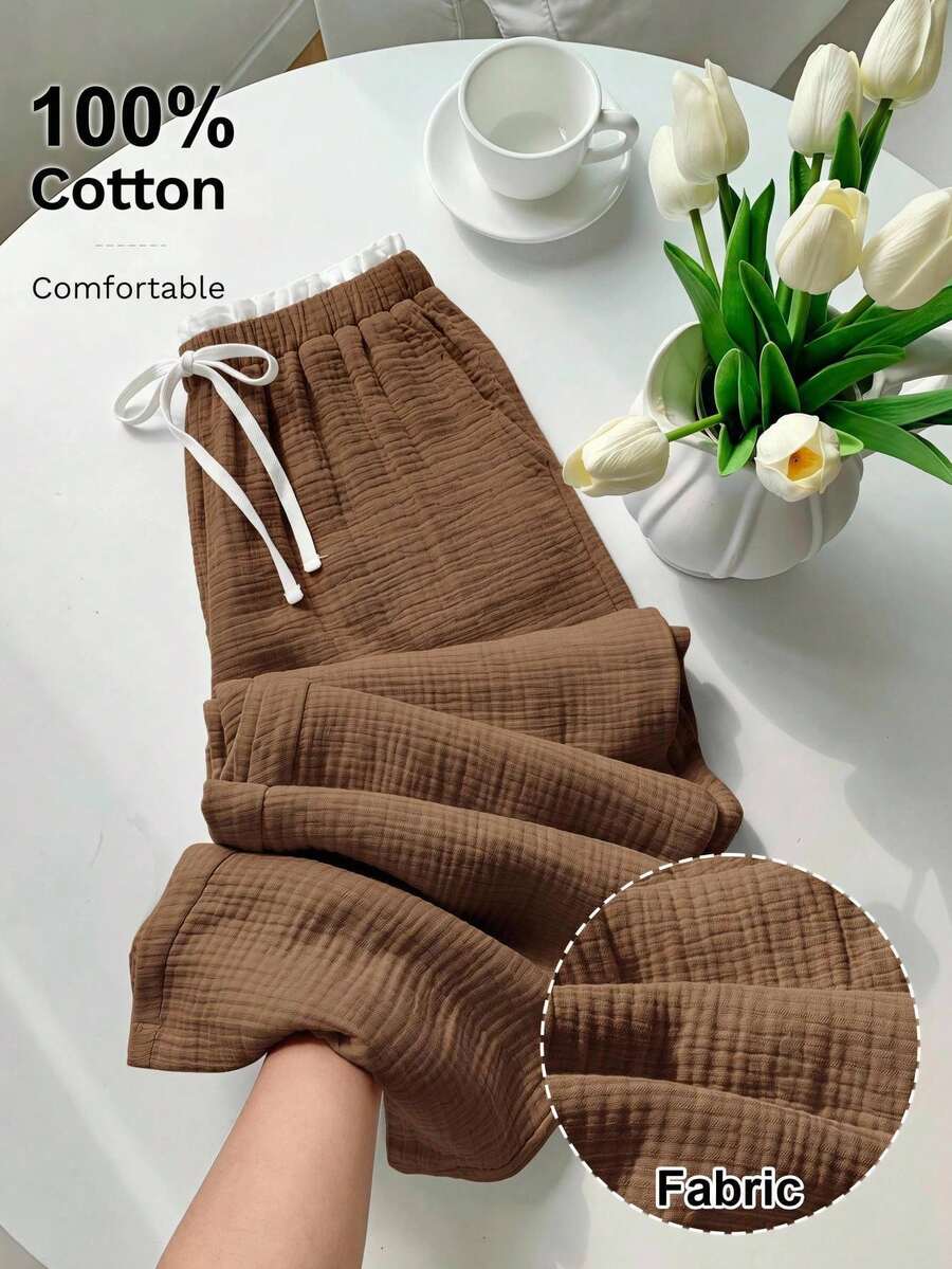 SHEIN BASICS Plus Size Casual Lounge Traditional Versatile Contrast Waistband Pants Chocolate Brown Autumn Formal Vacation Jogging Teacher Brunch Home Wear Rodeo - Brown - View 1