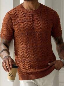 Manfinity Homme Men's Solid Color Hollow Out Round Neck Short Sleeve Casual Knit Top Vacation Rusty Orange Summer Holiday - Brown - View 3