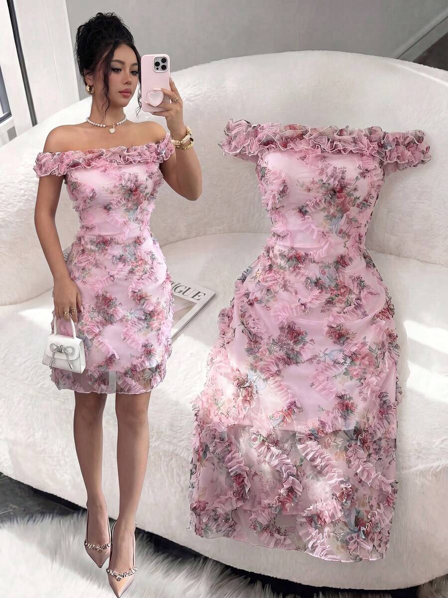 Elenzga Women's Light Pink Elegant Romantic Mesh Printed Ruched Waist Short Dress, Suitable For Wedding Season, Party, Date, Casual Outing, Spring/Summer - Pink - View 1