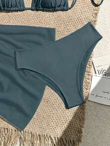 Swim Vcay Conjunto de 3 piezas de traje de baño de bikini de unicolor y estilo sexy de halter para mujeres, conjunto de traje de baño, para vacaciones de verano en la playa - Gris Oscuro - Ver 5