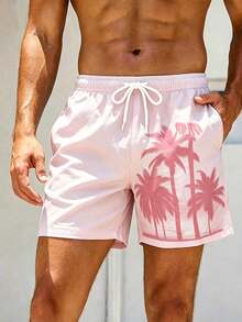 Manfinity Swimmode 加大码男士热带棕榈树印花抽绳腰侧口袋沙滩短裤，夏季 - 粉色 - 查看 6
