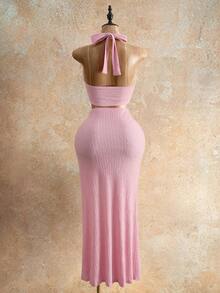 Mistrie Women's Solid Color 3D Metal Flower Decor Halter Neck V-Neck Top And Slit Bodycon Fitted Skirt 2-Piece Set Beach Party Pink Summer Sexy - Baby Pink - View 2