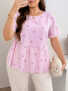 SHEIN LUNE Damen Große Größen Weiß Kurzarm Lässig Fairycore Süß Kawaii Hemd Geburtstag Business Urlaub Brunch Abendessen Büro Sommer - Pink - Übersicht 7