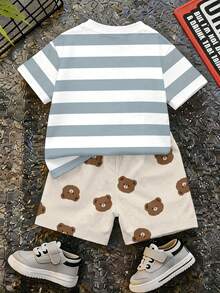 Baby Boy Casual Simple T-Shirt Set Suitable For Summer, Classic Striped Cartoon Pixel Bear Pattern Print. - Multicolor - View 5