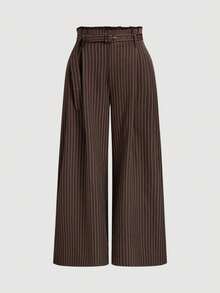 SHEIN MOD Calça Perna Larga Elegante Listrada Marrom Plus Size, Início do Outono, Estilo Old Money, Roupa de Escritório, Negócios Minimalista de Outono - Castanho - Visão 3