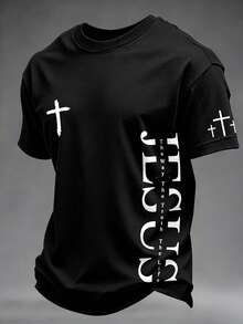 Manfinity Dauomo Men's Short Sleeve T-Shirt With American Style Cross & JESUS Letter Graphic Print - Black - View 3