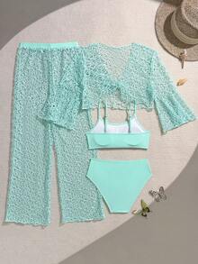SHEIN Tween Girl Solid Color Swimsuit Set For Vacation And Beach - Mint Blue - View 2