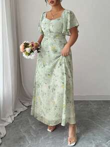 Modelyn Plus Size Women's Chiffon Butterfly Print Batwing Sleeve Ruched Summer Sweet French Style Dress - Mist Green - View 1