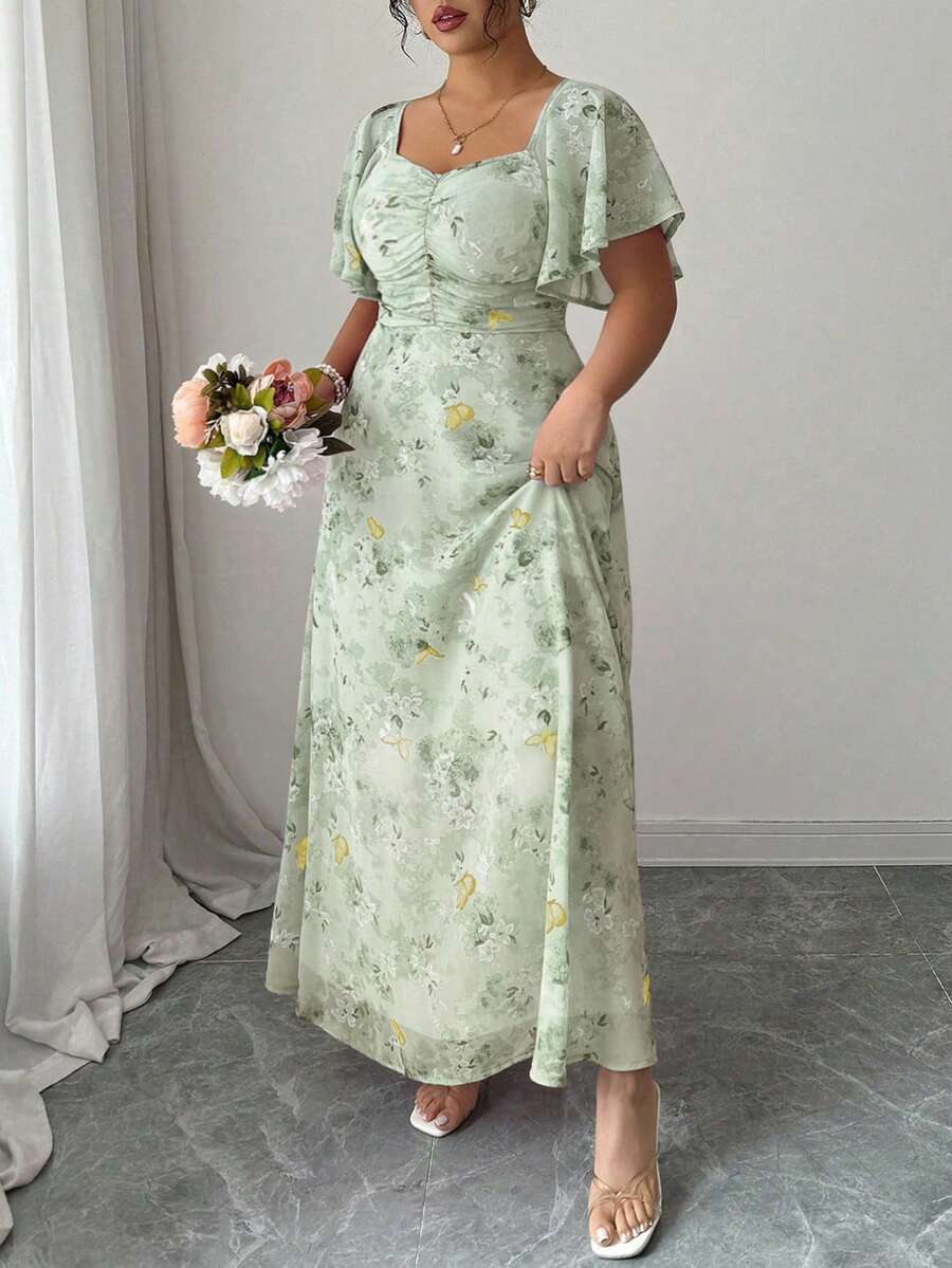 Modelyn Plus Size Women's Chiffon Butterfly Print Batwing Sleeve Ruched Summer Sweet French Style Dress - Mist Green - View 1