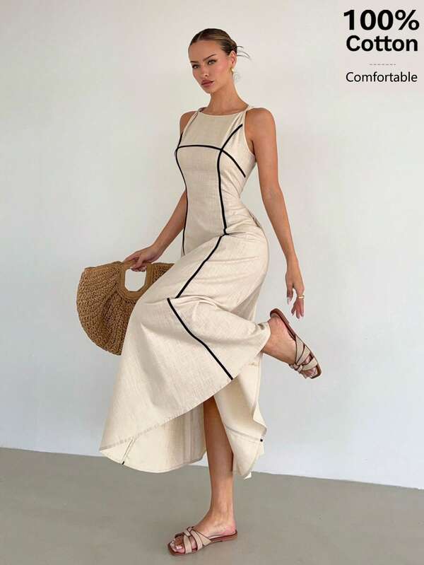 Siren Gaze Einfarbiges Baumwoll-Leinen-Kleid mit taillierter Taille, 3D-schlankmachend, strukturiert, elegant, hochwertig, ärmellos, luxuriös