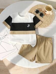 SHEIN Streecool Kids 小男孩配色拼接T恤短褲兩件套 - 卡其色 - View 4