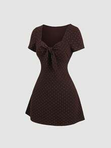 Sweetra Đầm mini dáng chữ A họa tiết chấm bi màu nâu trắng mới, phong cách thanh lịch dễ thương thời trang, phù hợp mặc đi tiệc, brunch, ăn trưa, hẹn hò mùa hè - Cà phê - Xem 3