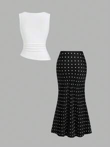 Sweetra Damen Metall-Dekor Weste und Polka-Dot-Muster Meerjungfrau-Rock Elegantes Set - Schwarz und Weiss - Übersicht 2