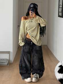 Coolane 女款春季哥德風 Grunge Y2K 丘比特印花舒適不對稱領露肩長袖T恤，X Rafael Machado - 鵝黃色 - 查看 5