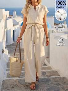 EMERY ROSE Jumpsuit Kasual Wanita Warna Polos dengan Resleting Depan dan Tali Pinggang - Khaki - View 9