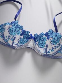 EmpressEnvy Women's Floral Embroidery Bra & Panty Underwear Lingerie Set - Blue - View 5