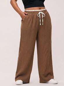 SHEIN BASICS Plus Size Casual Lounge Traditional Versatile Contrast Waistband Pants Chocolate Brown Autumn Formal Vacation Jogging Teacher Brunch Home Wear Rodeo - Brown - View 2