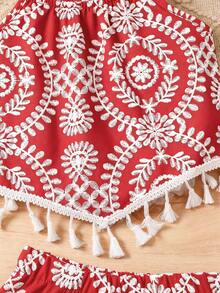 2pcs/Set Atasan Cami & Celana Pendek Bermotif untuk Anak Perempuan, Gaya Segar dengan Hemline Segitiga Unik dan Rumbai Putih Dinamis, Potongan Longgar untuk Kenyamanan dan Kebebasan Bergerak - Merah - View 3