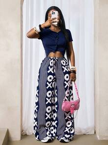 BamGleam Fashionable Casual Commuter City Break Vacation Wave Pattern Symbol Print Wide Leg Long Pants Navy Blue And White Autumn Vacation - Multicolor - View 8