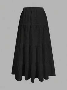 SHEIN EZwear 大尺碼休閒極簡風裙子，適合秋冬季節 - 黑色 - 查看 2