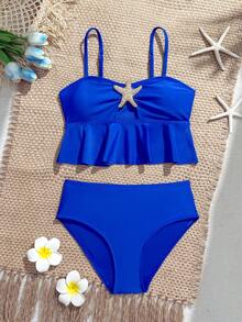 SHEIN Conjunto de traje de baño de dos piezas para niña preadolescente con top tankini de unicolor con decoración de estrella de mar y volantes y Bottom de bikini triangular, adecuado para vacaciones de verano y playa - azul real - Ver 1