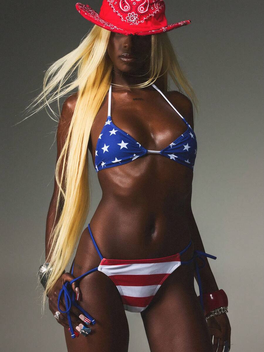 SUMWON WOMEN American Flag Print Triangle Bikini Set With Halter Neck Top And Double Tie Side Bottom Summer Beach 4th July Blue Red And White Sexy - Multicolor - View 1