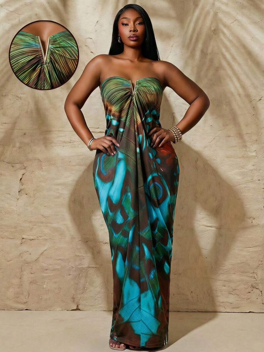 Radiana Teal hoch-elastisches gestricktes gerafftes metallisch verziertes trägerloses Maxikleid Urlaub Strand Hochzeit Cocktail Hochzeitsgast Feiertag sexy tropisch elegant