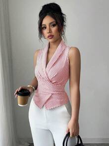 SHEIN Clasi 女款無袖V領收腰綁帶蝴蝶結優雅休閒襯衫，粉色與白色條紋，適合早午餐與夏季 - 彩色 - 查看 3