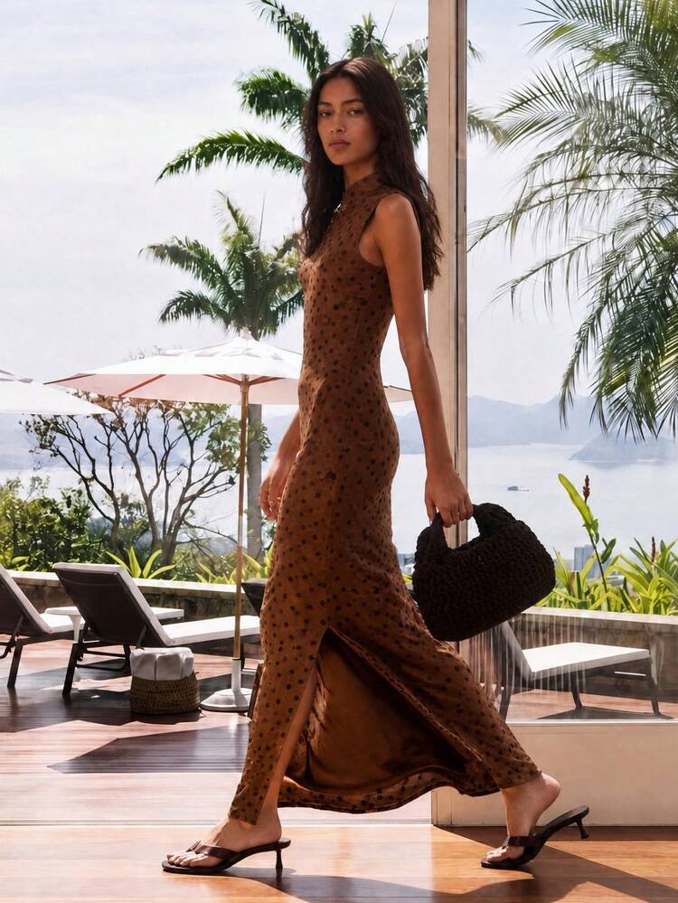 Nöista 这款现代中式风格的无袖棕色波点长裙，采用修身直筒剪裁，经典复古波点图案融合了东西方美学。面料柔软舒适，亲肤透气，适合艺术展览、都市休闲、约会和度假等场合。这款连衣裙轻盈飘逸，既可单穿，也可内搭外套，是春、夏、初秋的理想之选。 - 咖啡 - 查看 8