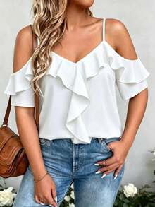 Linhara CURVE Plus Size Black Cold Shoulder Ruffle Top - Sexy Spaghetti Strap V-Neck Ruffle Trim Short Blouse, Designed For Curvy Women - White - View 3