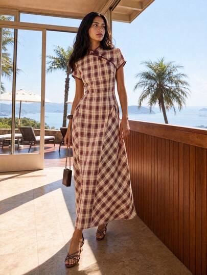 Nöista Chinese-Style Plaid Long Dress With Fitted Waist And Elegant A-Line Silhouette. Sophisticated Design Perfect For Events, Gatherings