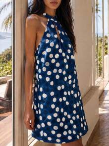 Nöista Navy Polka Dot Halter Mini Dress With High Neck And Keyhole Cutout Is A-Line Shape.Perfect For Summer Parties, Dinners, Nights Out, Spring - Blue - View 3