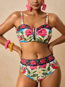 Travachic Women's Tropical Resort Style | Vintage Parrot Floral Print Wide Strap U-Notch Bikini Set - Contrast Trim Mid-Waist Two Pieces Swimwear Beachwear - Multicolor - View 5