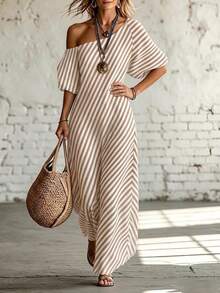 Omancia Women's Elegant Fashionable Commuter Vintage Charm Casual Vacation Relaxed Fit Asymmetrical Shoulder Neckline Short Sleeve Black And White Striped Pocket Dress Spring Summer Comfortable Long Dress - Apricot - View 4
