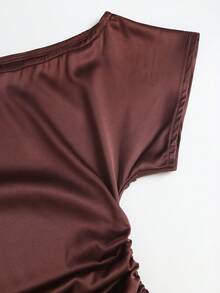 Sweetra Summer New Fashion Design French Elegant Satin-Feel Asymmetric Shoulder Waist Pleat Cinched Cinched Waist Hem Split Asymmetrical Women's Pink Blouse Elegant Commute - Brown - View 4