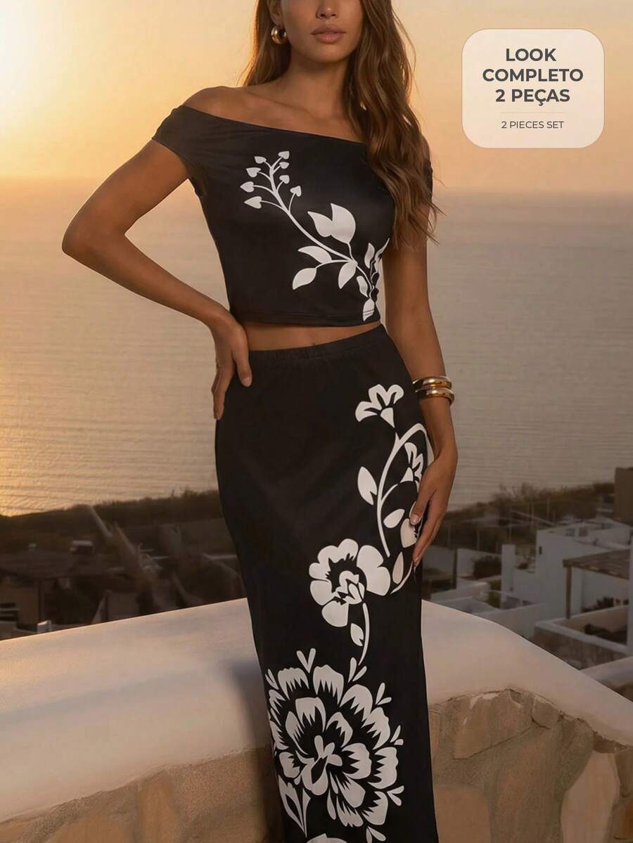 CAJUNI Women's Vacation Floral Print Off-Shoulder Cropped Top Long Skirt Slim Fit Set Night Out Black And White Summer Elegant Jamican Sexy Tropical - Black and White - View 1