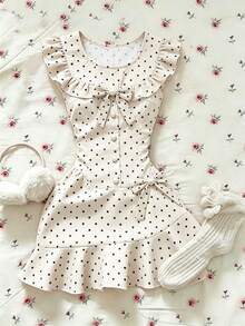GlowEve Women's Round Neck Bow Polka Dot Pleated Dress - Apricot - View 1