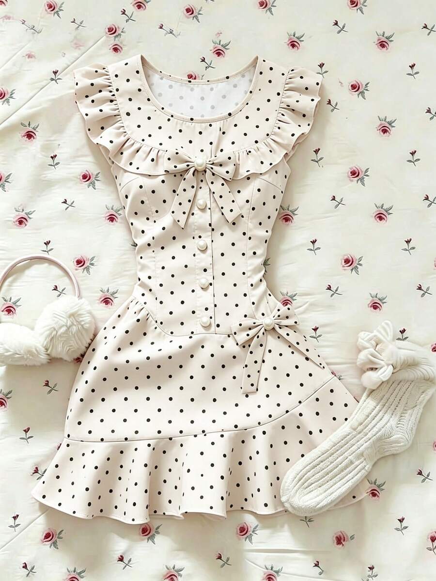 GlowEve Women's Round Neck Bow Polka Dot Pleated Dress - Apricot - View 1