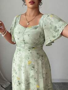 Modelyn Plus Size Women's Chiffon Butterfly Print Batwing Sleeve Ruched Summer Sweet French Style Dress - Mist Green - View 5