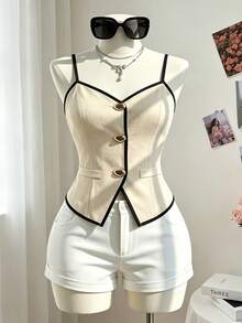 Fine & Folde New V-Neck Camisole With Water Drop Buttons, Versatile Commuter Style Hot Girl Women's Tank Top - Beige - View 1