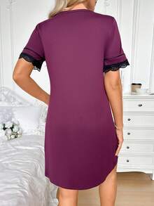 Moonlight&Mama Maternity Pajamas - Short Sleeve Dress (Lace Cuffs) - Purple - View 2
