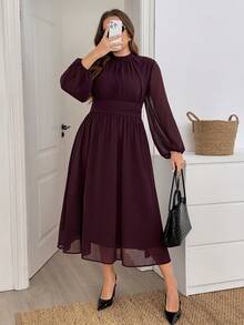Comfylo Plus Size Elegant Commuter Solid Color Lantern Sleeve Dress Fall - Chocolate Brown - View 4