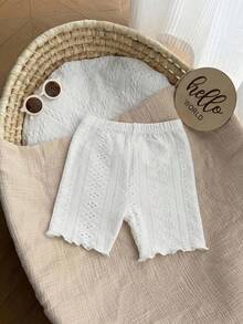 SHEIN Conjunto de pantalones casuales de punto de unicolor con dobladillo con volantes para niñas bebés - Blanco - Ver 3