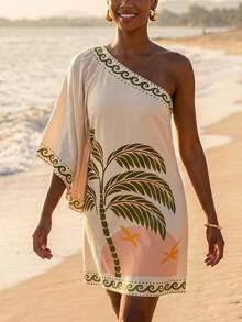 CAJUNI Women's One Shoulder Coconut Tree Print Casual Vacation Travel Short Dress - Multicolor - View 7