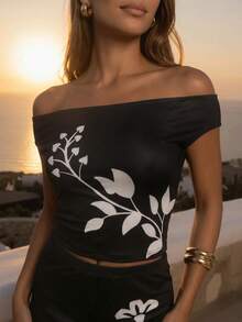 CAJUNI Women's Vacation Floral Print Off-Shoulder Cropped Top Long Skirt Slim Fit Set Night Out Black And White Summer Elegant Jamican Sexy Tropical - Black and White - View 5