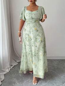 Modelyn Plus Size Women's Chiffon Butterfly Print Batwing Sleeve Ruched Summer Sweet French Style Dress - Mist Green - View 3