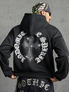 AXEPEAK 男士連帽字母十字圖案休閒百搭日常穿著長袖運動衫 - 黑色 - 查看 5
